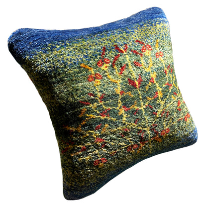 Square wool cushion 40x40 cm with a blue border and colorful floral embroidery