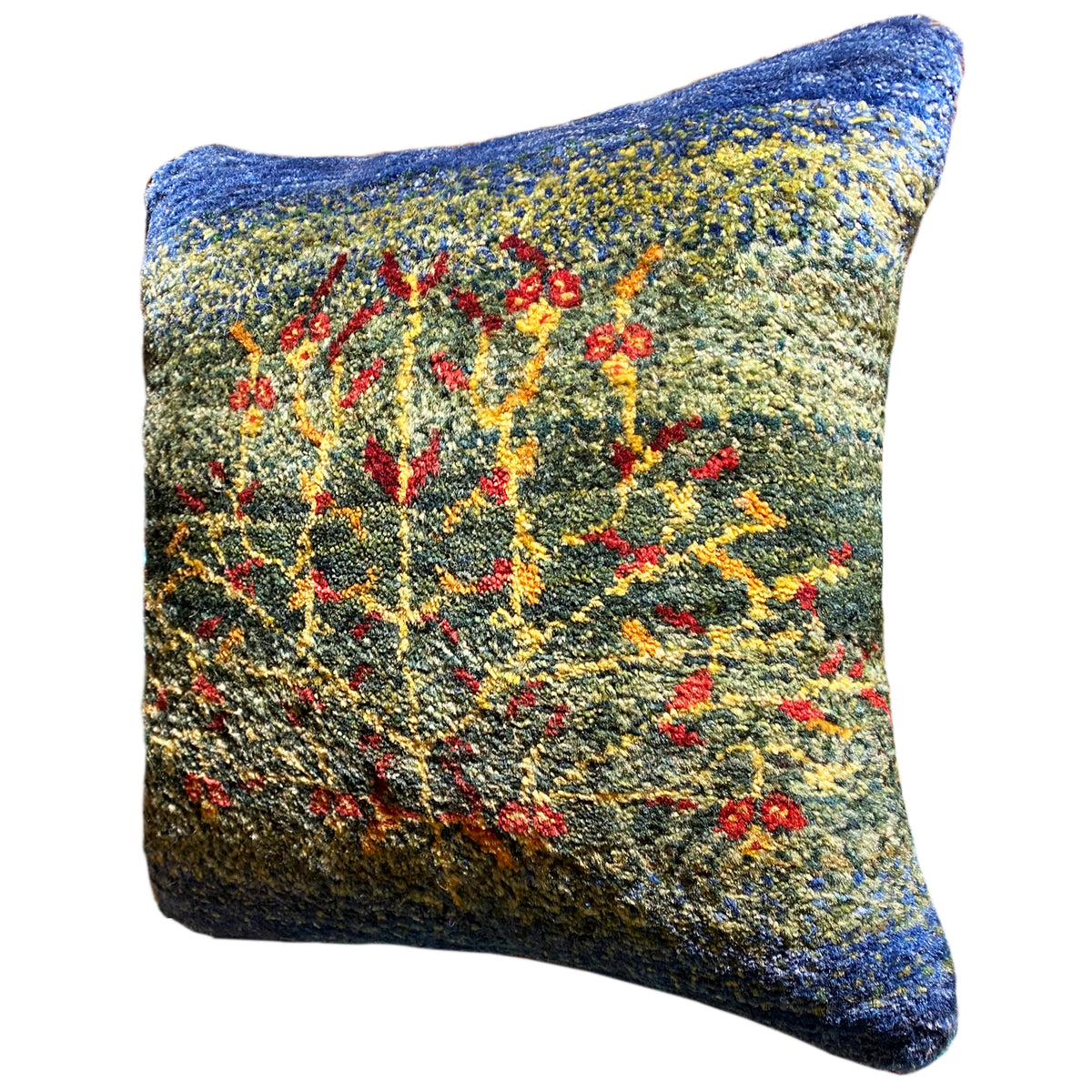 Wool cushion 40x40 cm with a blue border and floral design in green, yellow and red