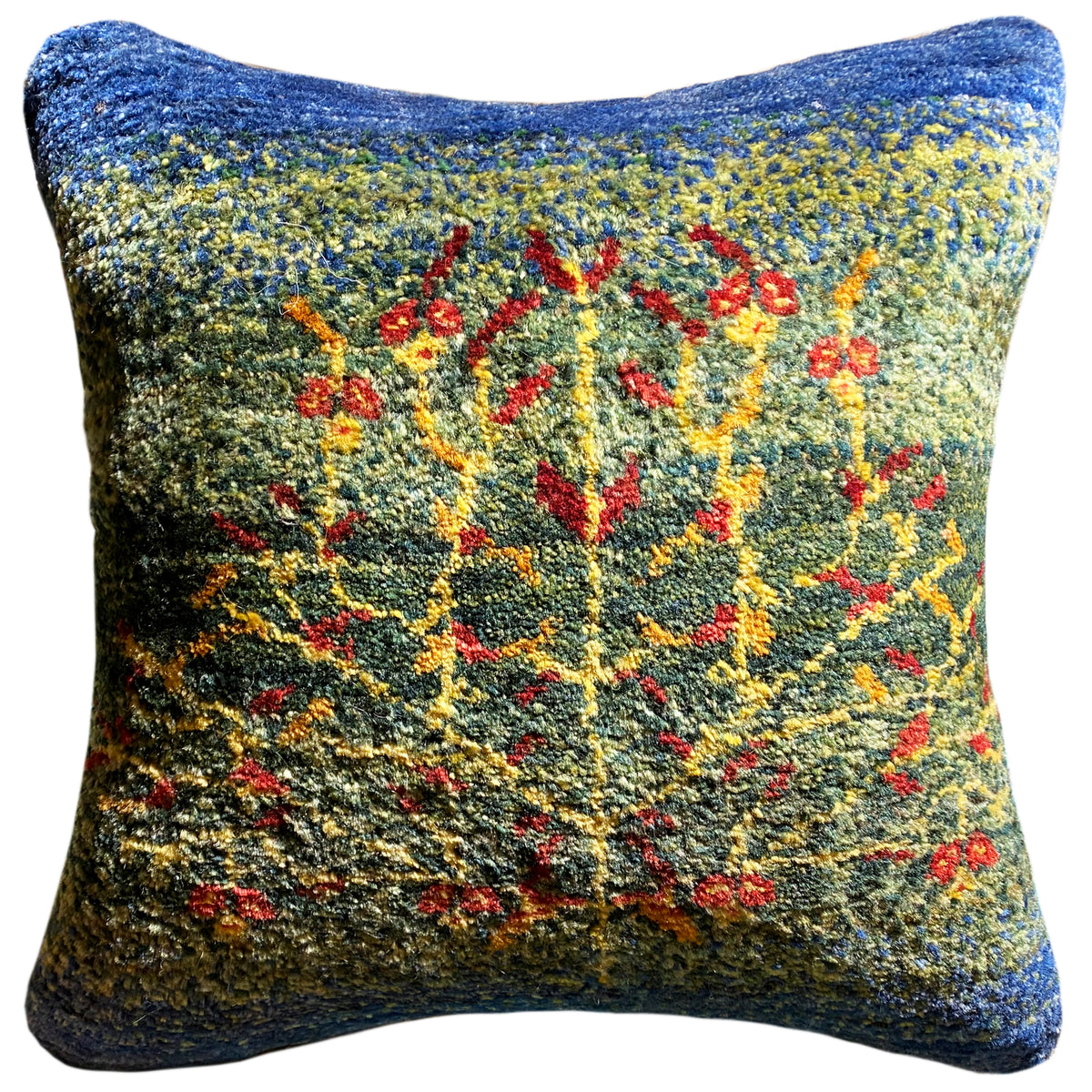 Wool cushion 40x40 cm with a blue cushion border and a colorful embroidered floral design