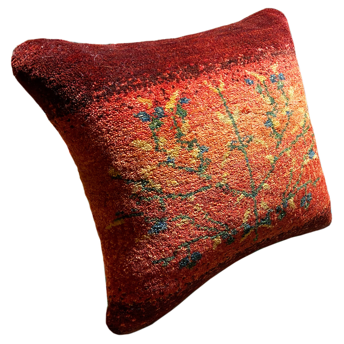 Hand-knotted cushion 40x40 cm, red cushion with multicolored floral patterns, diagonal