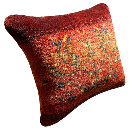 Hand-knotted cushion 40x40 cm, red cushion with multicolored floral patterns, diagonal