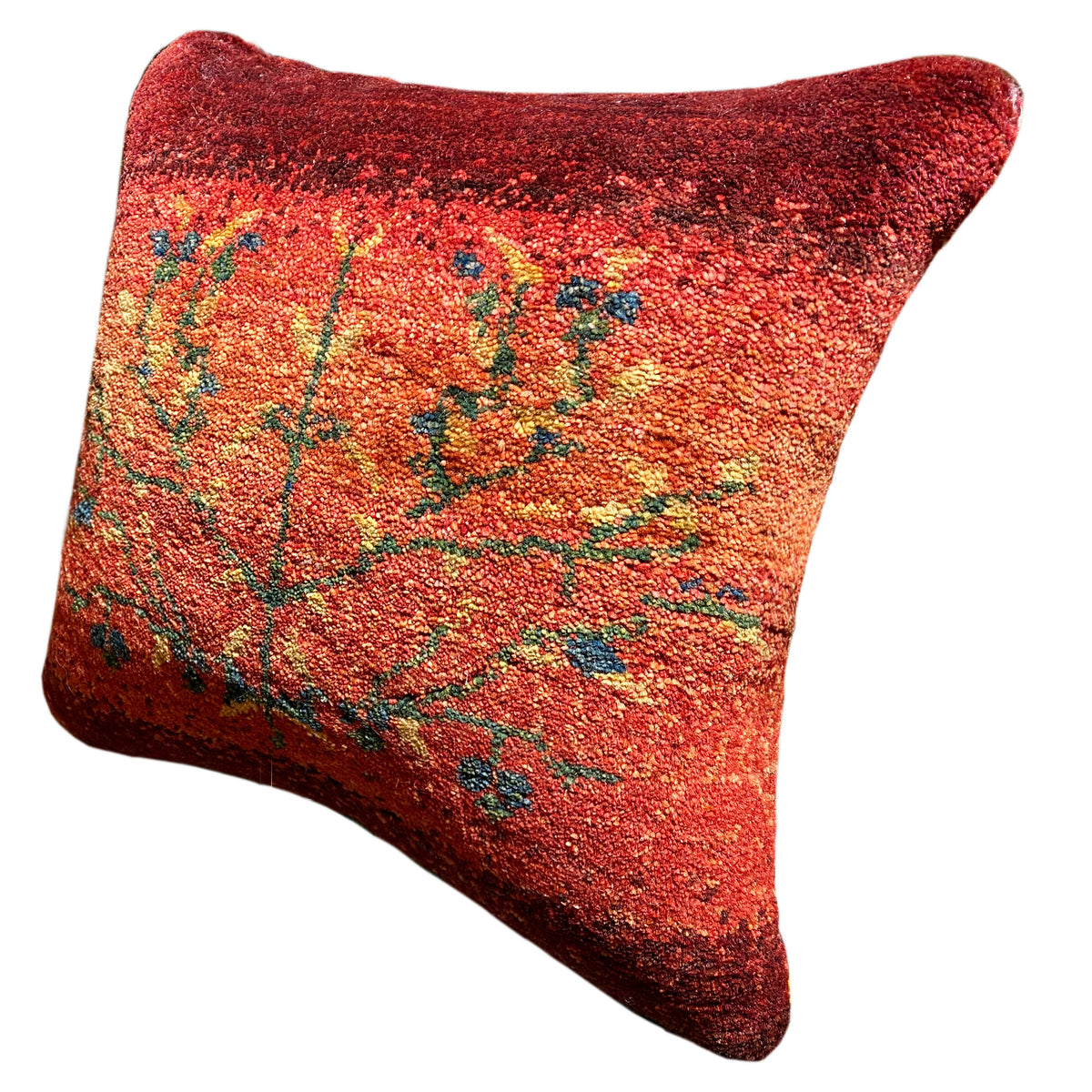 Hand-knotted cushion 40x40 cm, red cushion with a colorful floral vine pattern