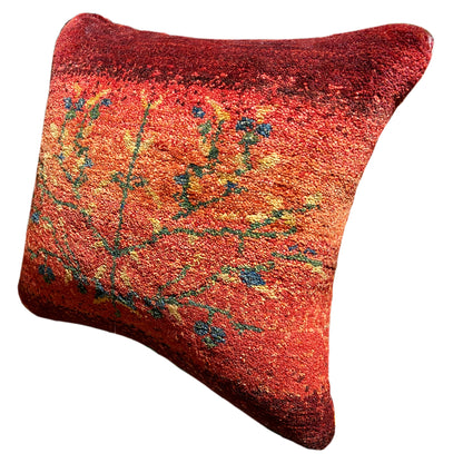 Hand-knotted cushion 40x40 cm, red cushion with a colorful floral vine pattern