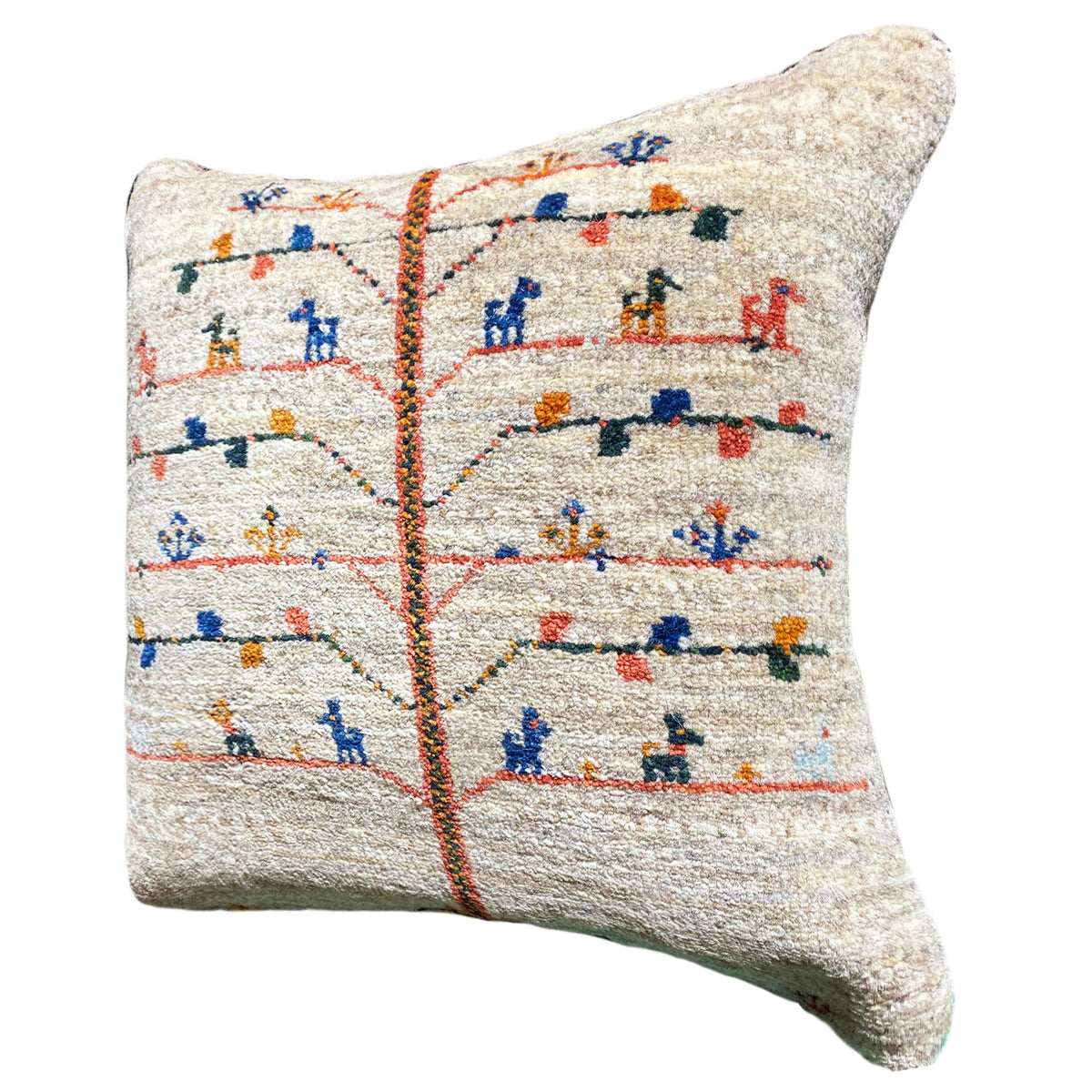 Beige cushion 40x40 cm with embroidered pattern and colored edging along the seam