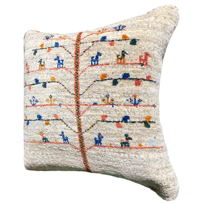 Beige cushion 40x40 cm with embroidered pattern and colored edging along the seam