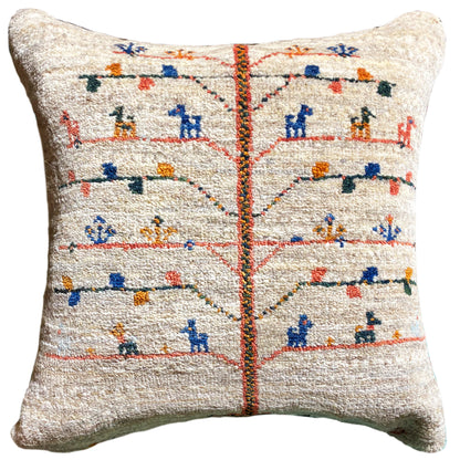 Beige cushion 40x40 cm with an embroidered pattern and colorful chess pieces