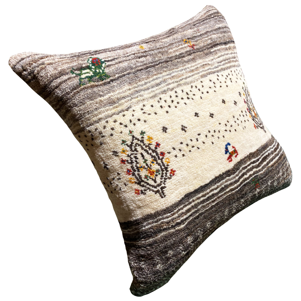 Decorative cushion at an angle from the side, beige-gray striped and embroidered design