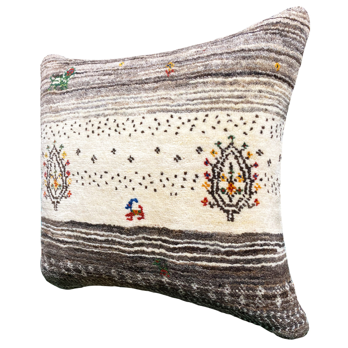 Decorative cushion from the front, beige-gray with a row of dots, striped border, and embroidery
