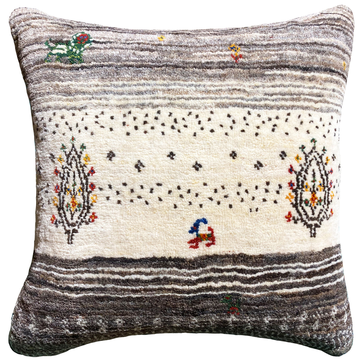 Decorative cushion with a beige-gray pattern, polka dots, stripes and floral embroidery, square