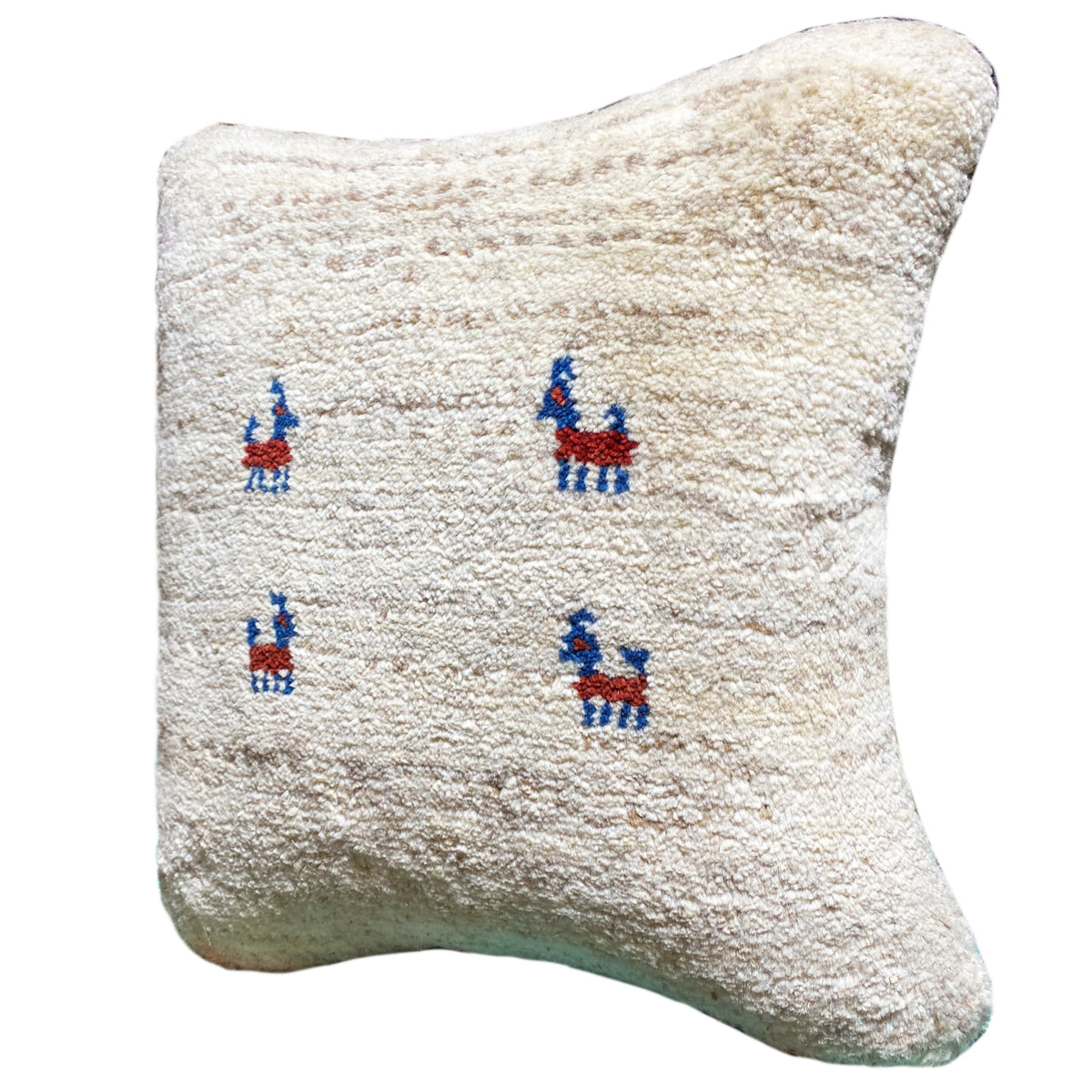 Wool cushion 40x40 cm, beige wool cover with blue and red embroidered figures in the center