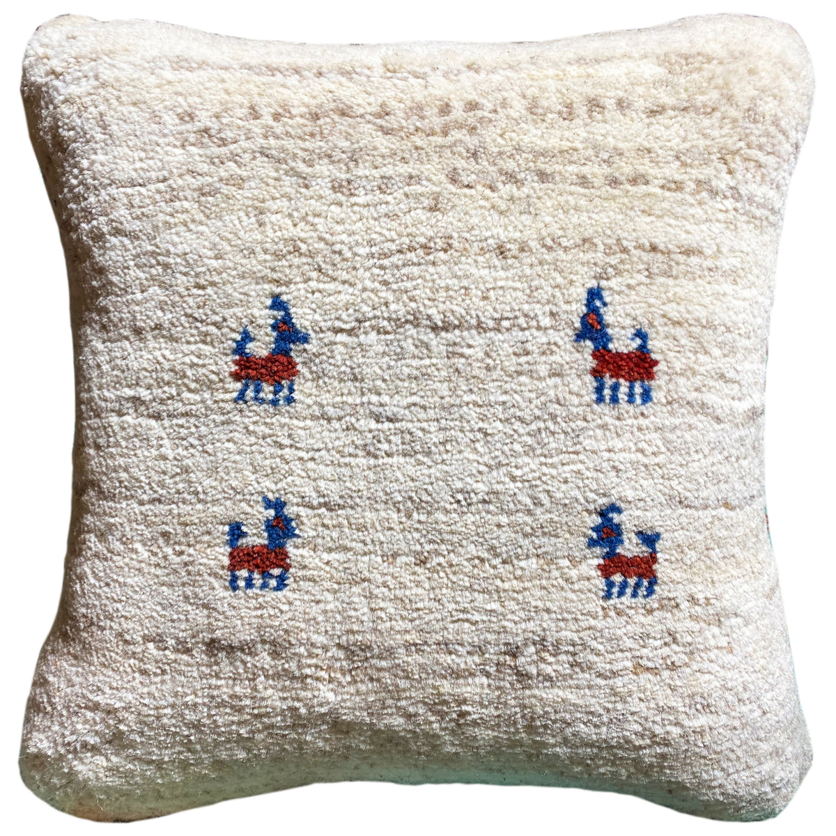 Wool cushion 40x40 cm, beige wool cover with blue and red embroidered figures