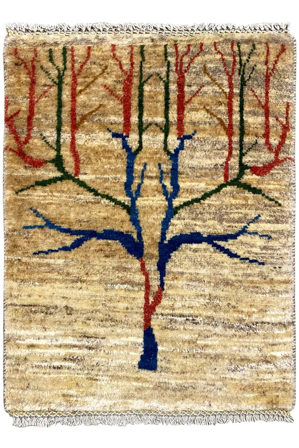 Gabbeh rug with a large tree motif in blue, red and green, beige, fringes