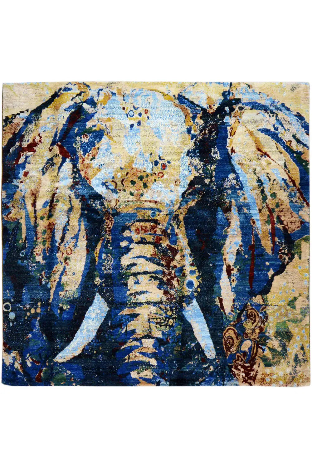 Gabbeh Lori rug with an abstract blue-and-gold figurative pattern, rectangular