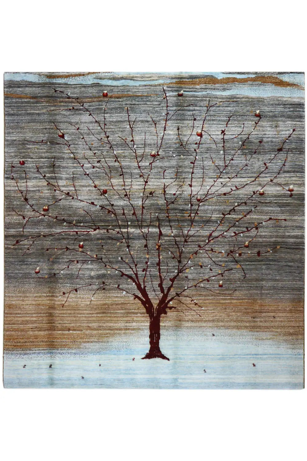 Gabbeh rug with a tree motif, gray-brown-blue and red branches, rectangular.