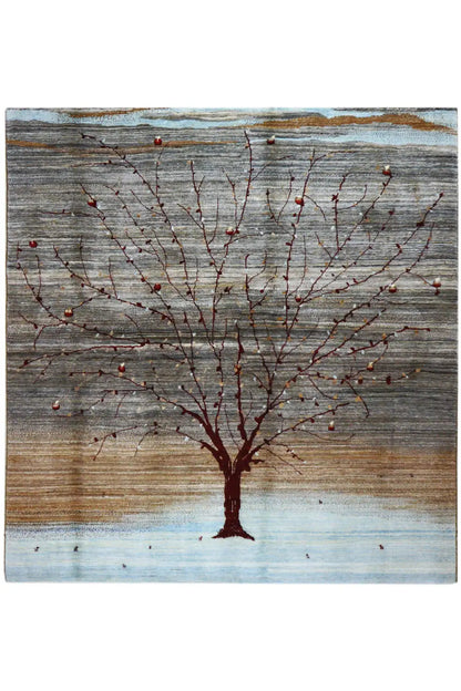 Gabbeh rug with a tree motif, gray-brown-blue and red branches, rectangular.