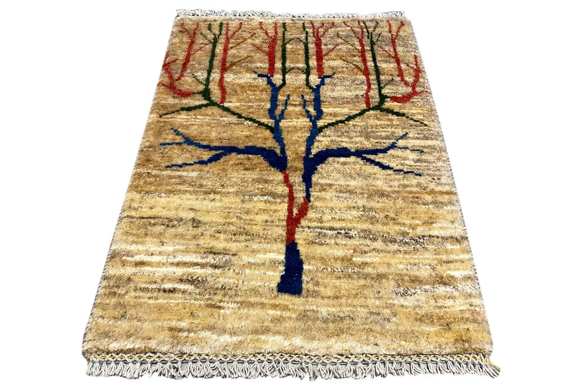 Gabbeh rug with a tree motif in blue and red, beige stripes, fringes all around