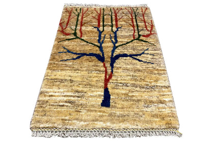 Gabbeh rug with a tree motif in blue and red, beige stripes, fringes all around