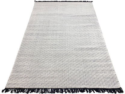 Kelim-Dhurrie-Teppich 160x230 cm, hellbeiger Teppich mit Rauten-Muster und Fransen