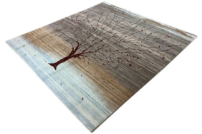 Gabbeh rug with tree motif and red lines, brown-gray with light blue.