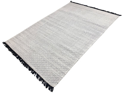 Kelim-Dhurrie-Teppich 160x230 cm, hellbeige Fläche mit Rauten, dunkle Fransen