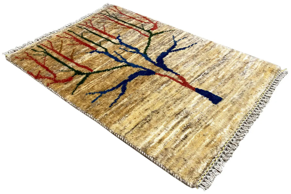 Gabbeh rug, angled, blue tree motif with red accents on a beige background, fringes