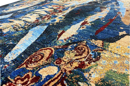 Gabbeh Lori rug close-up: blue-and-gold color patterns and ornamental fragments