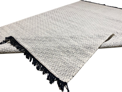 Kelim-Dhurrie-Teppich 160x230 cm, hellbeige Rautenstruktur mit dunklen Fransen