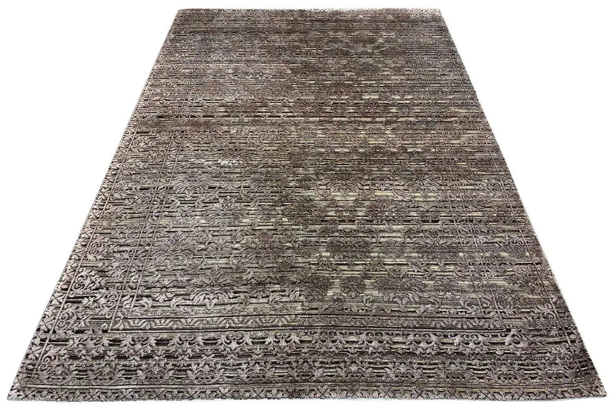 Gray rug with a vintage relief pattern, border around the edge, uniform texture