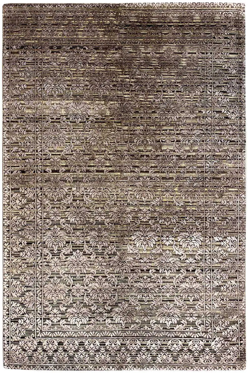 Rug with large-scale vintage ornament, border trim, taupe/gray with dark lines