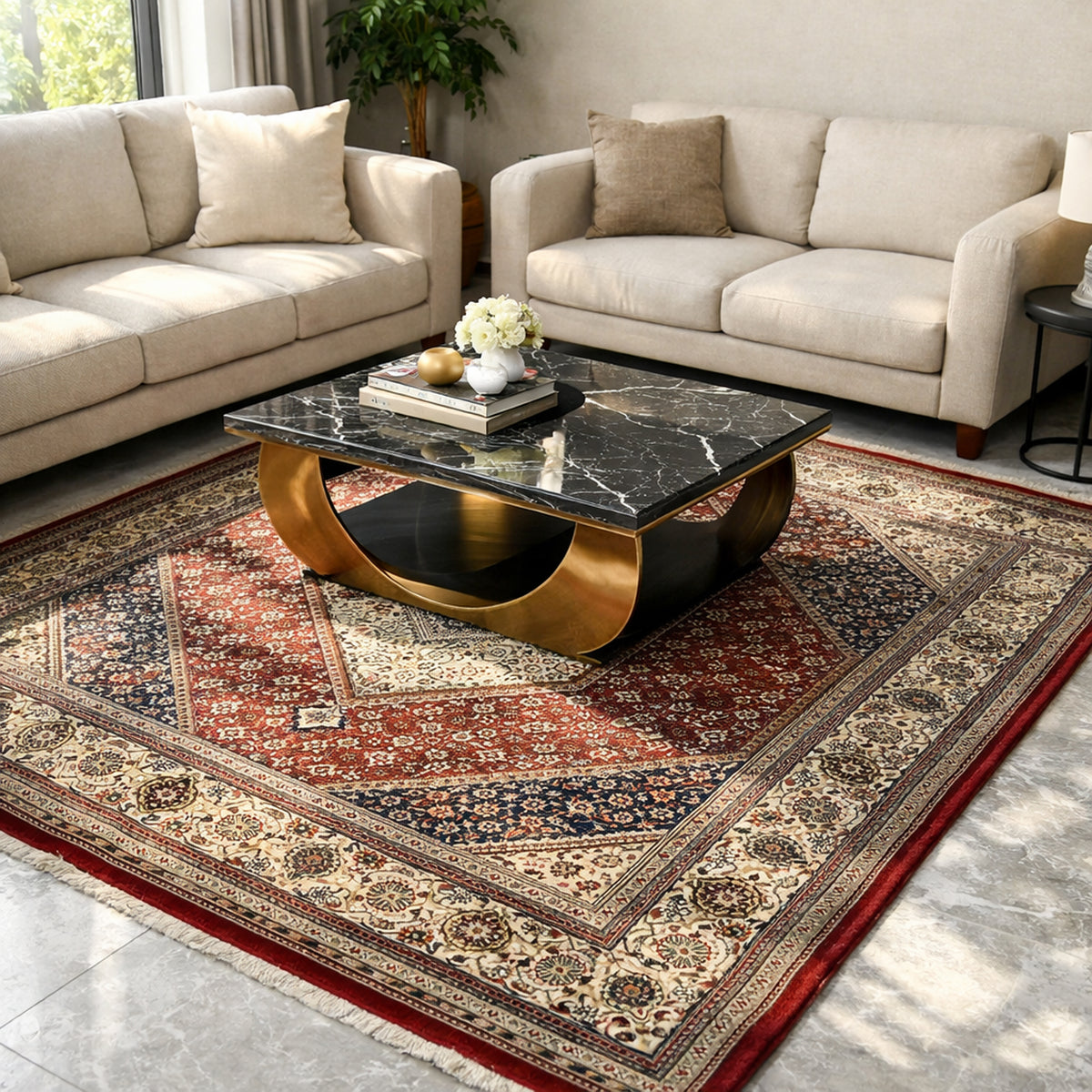 Bidjar rug with central medallion, red-blue ornament, and wide border