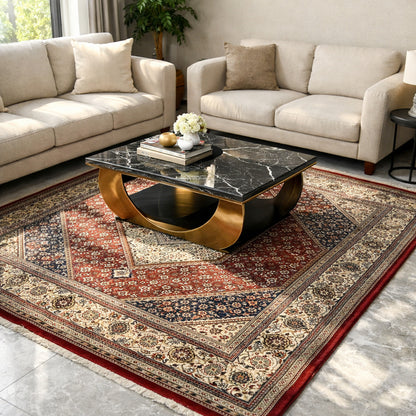 Bidjar rug with central medallion, red-blue ornament, and wide border