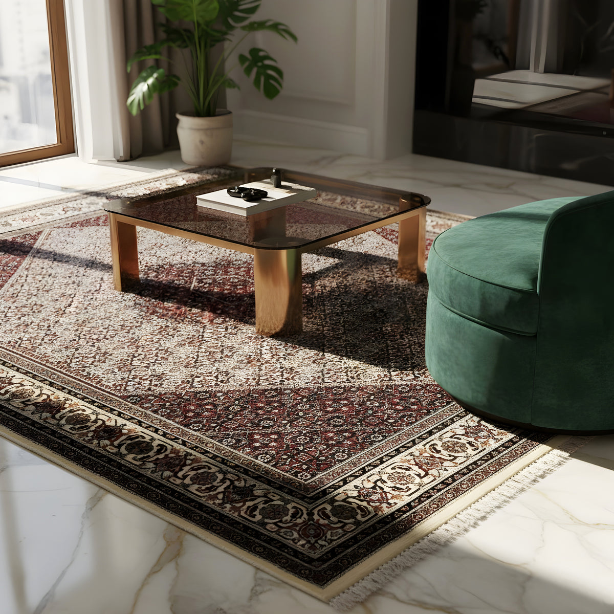 Bidjar rug: large-scale pattern view with border, dark red, cream, and beige tones