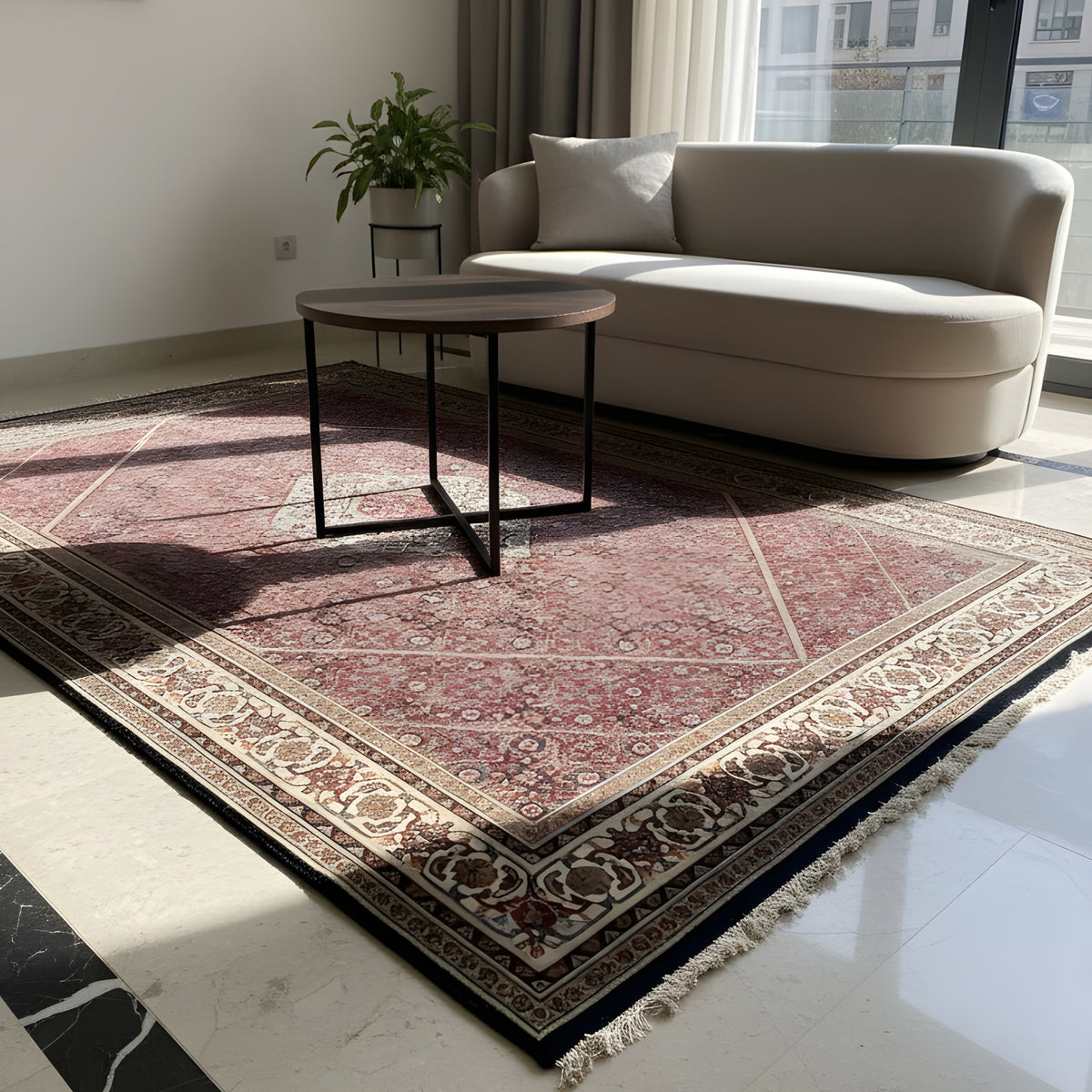 Bidjar rug in the living area, red-bordeaux with patterned border, rectangular