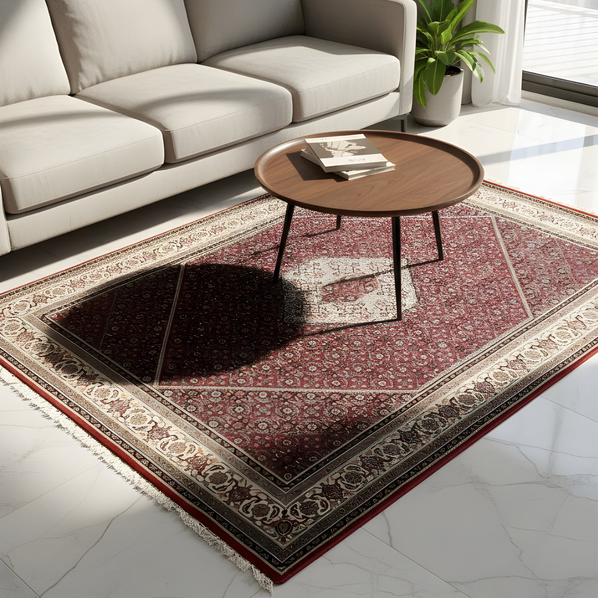 Bidjar rug in the living area: reddish-brown pattern with a dark central field and fringes