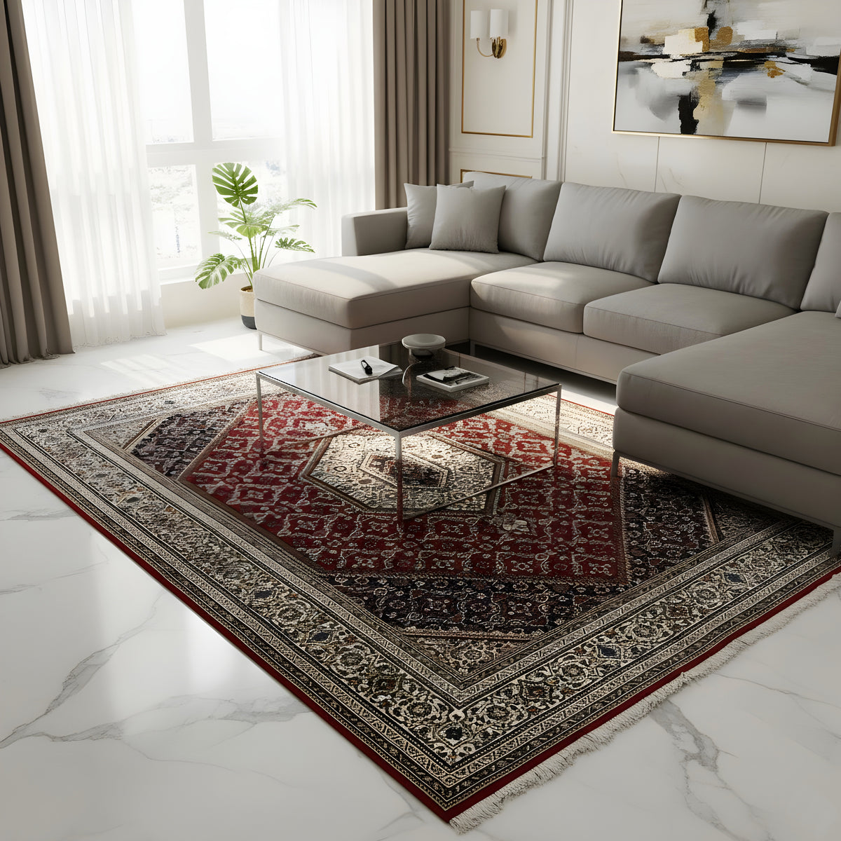Carpet with a red central area, a dark border pattern, and a contrasting border