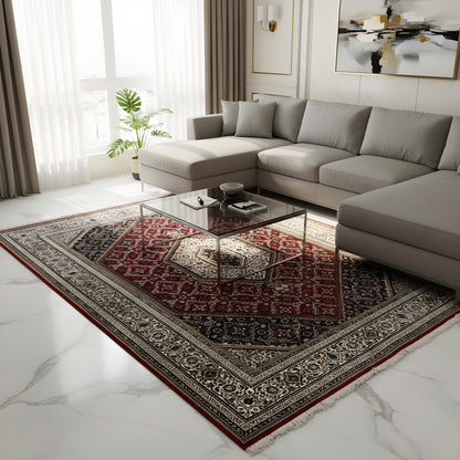 Carpet with a red central area, a dark border pattern, and a contrasting border