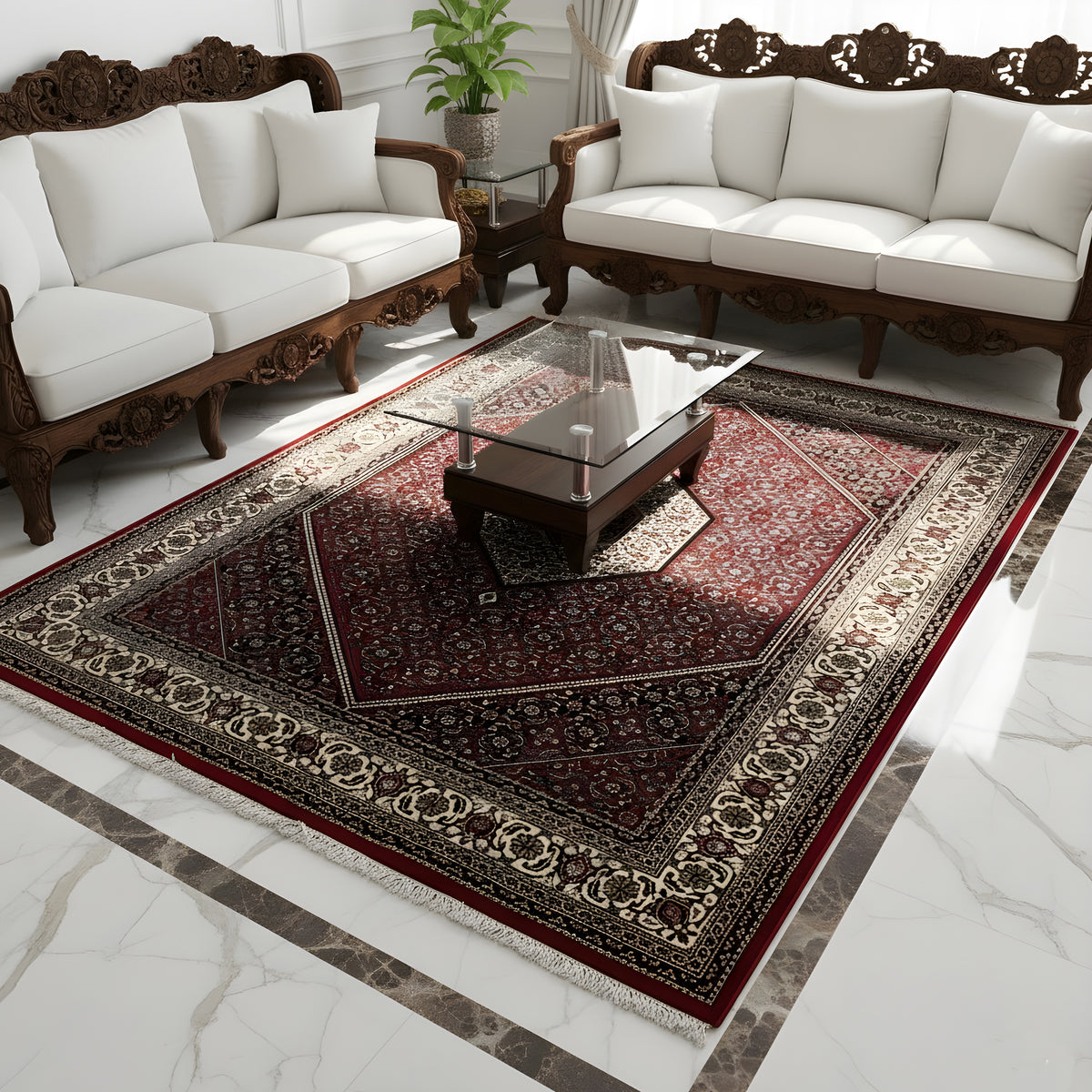 Red carpet with an ornamental diamond pattern and contrasting border, approx. 244x173 cm