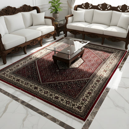 Red carpet with an ornamental diamond pattern and contrasting border, approx. 244x173 cm