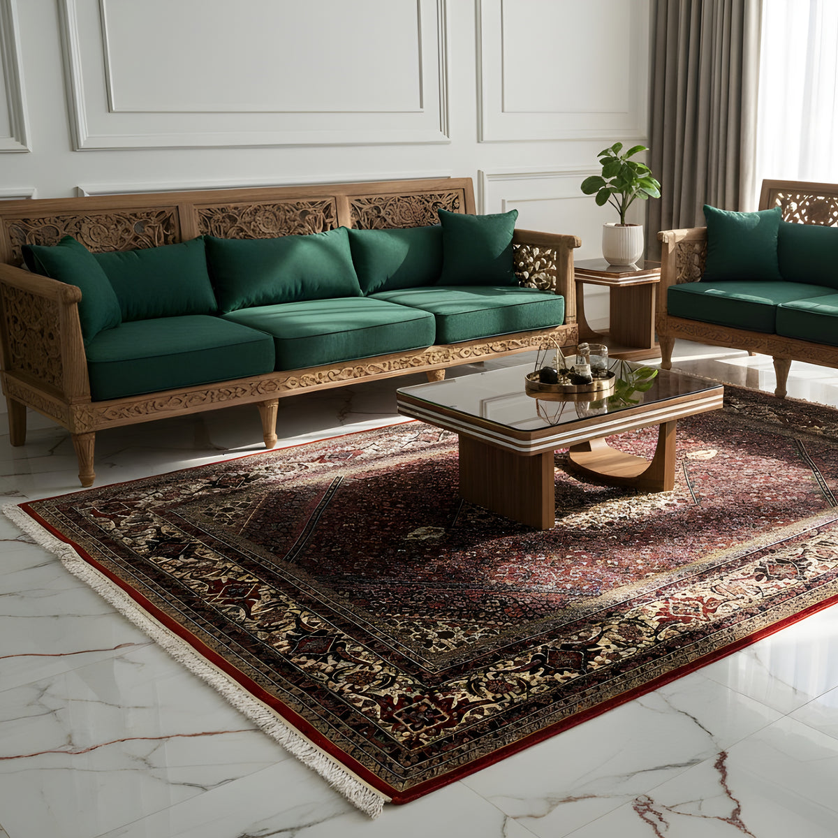Bidjar rug lying flat with a red-dark pattern, wide border, and high-contrast frame
