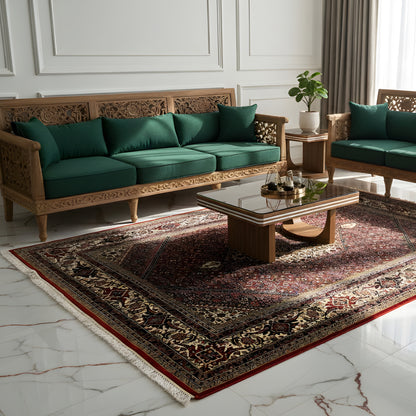 Bidjar rug lying flat with a red-dark pattern, wide border, and high-contrast frame