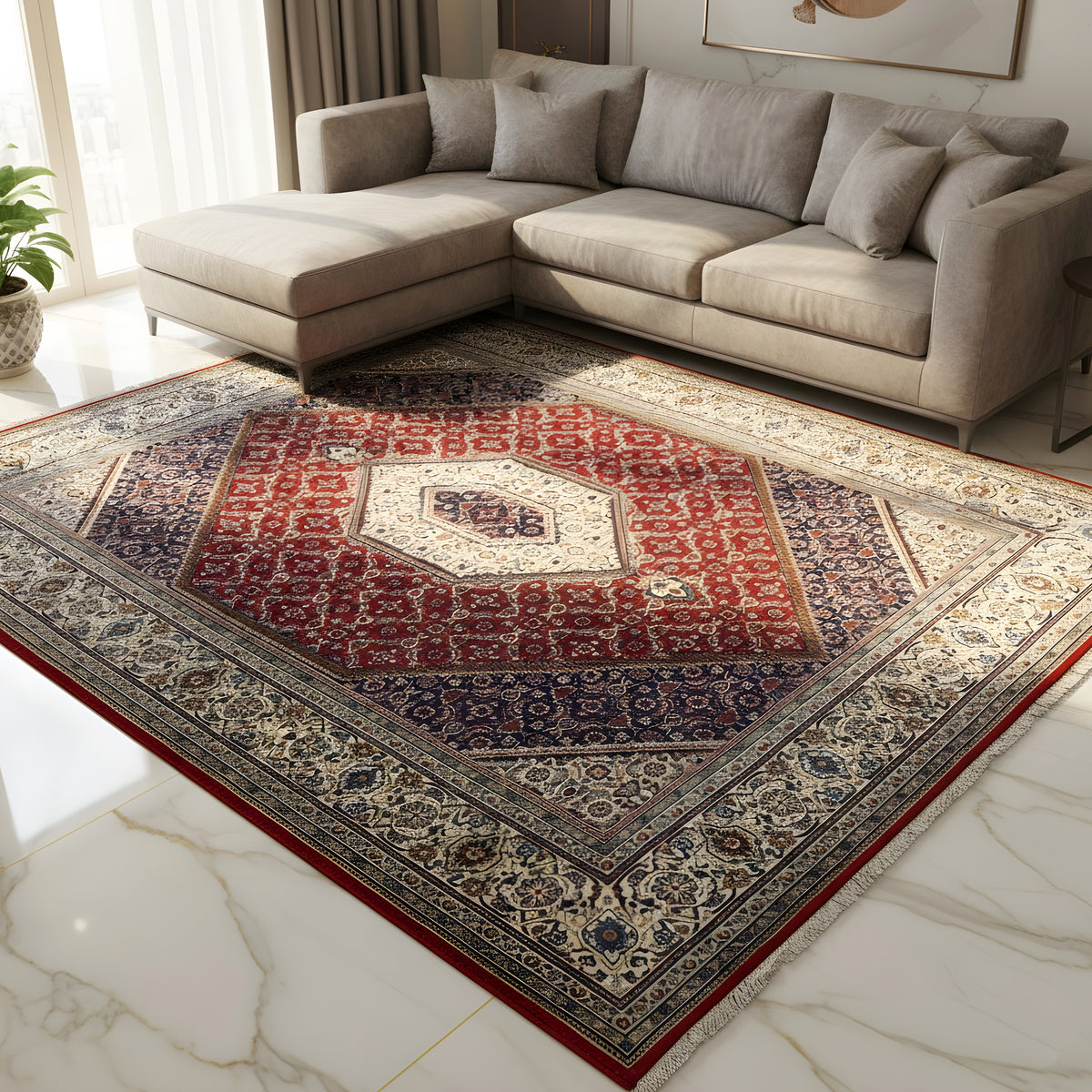 Rug on the floor with a red central medallion, blue-and-white border, and fringes