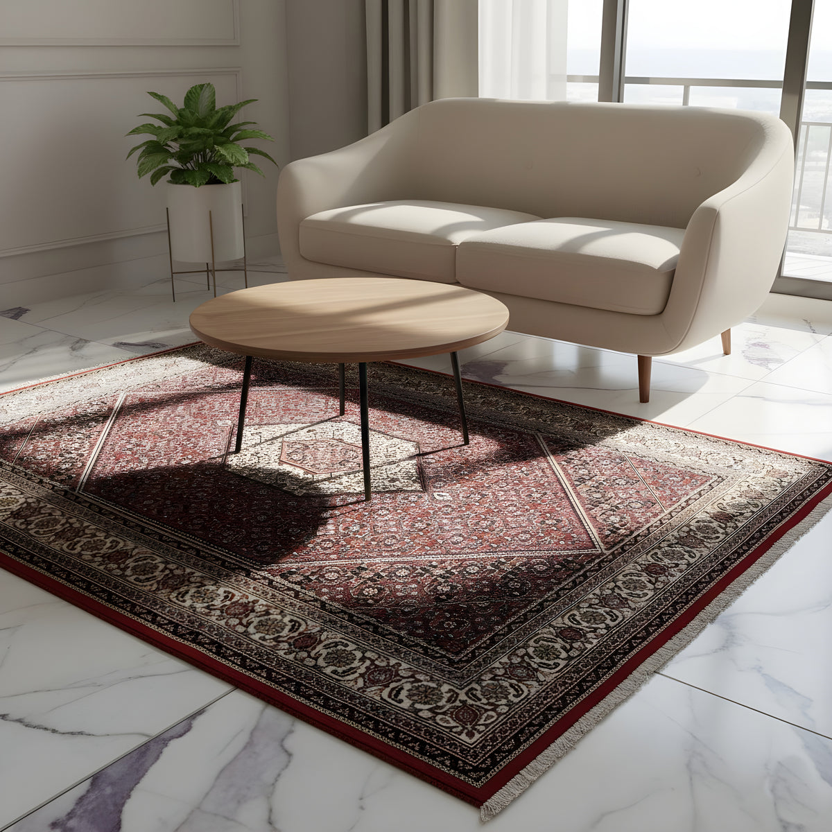 Rug 244x170 cm with red ornamental pattern and border, with fringes