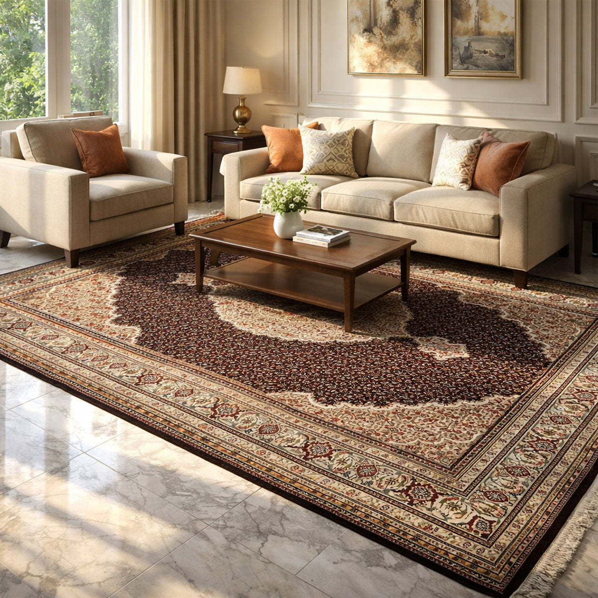Brown Indo-Tabriz rug laid flat in a living room, central medallion and borders
