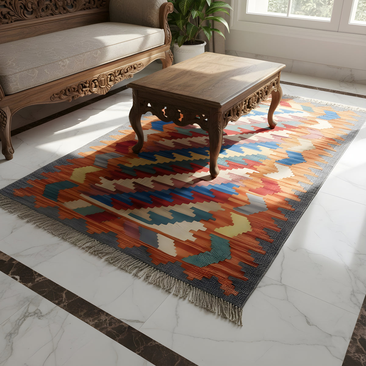 Kelim Qashqai rug 121x78 cm under table; colorful orange zigzag pattern with fringes