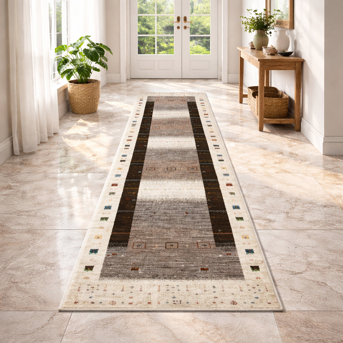 Long Gabbeh runner with wide black and gray stripes and multicolored accents