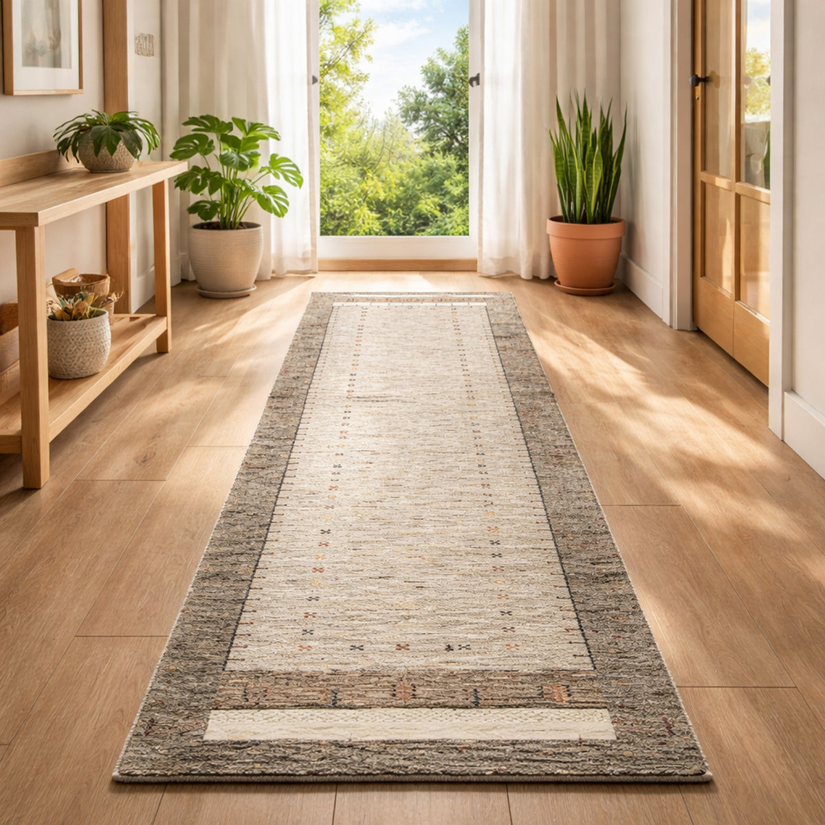 Gabbeh runner rug lengthwise in the room, light central area with dark brown side edges