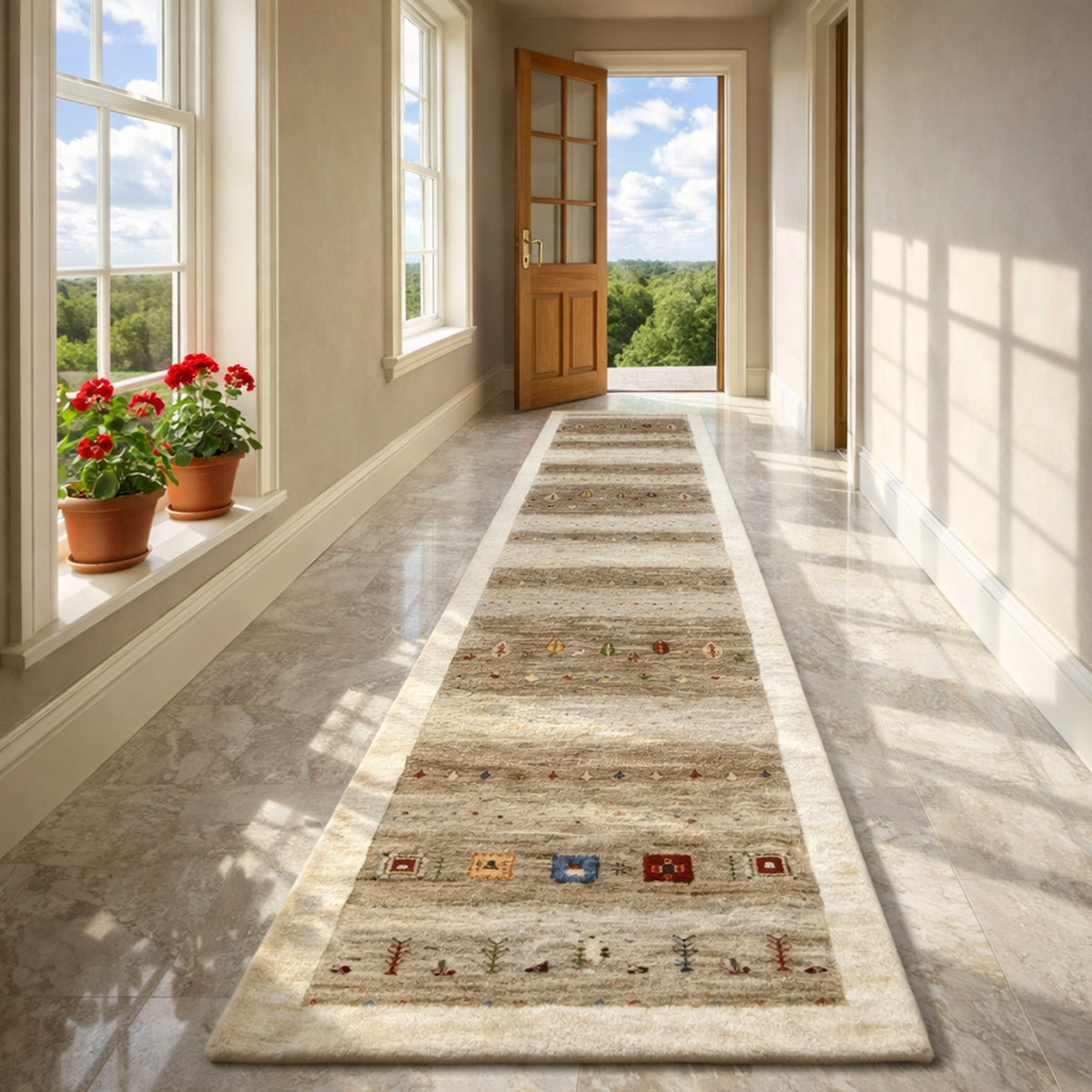 Gabbeh runner rug in the hallway: light base with a striped pattern and colorful accents.