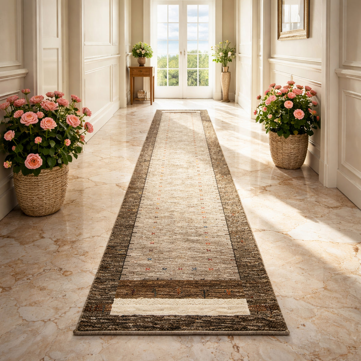 Gabbeh runner in the hallway: narrow central stripe, dark border, long and narrow