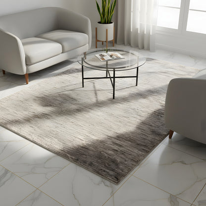 Rectangular Gabbeh rug with a mottled gray-brown pattern, short pile height