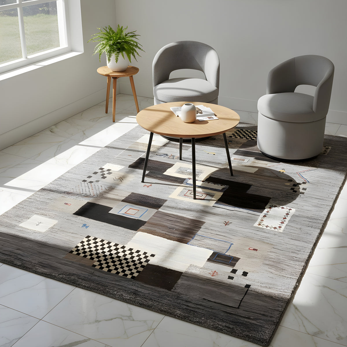 Gabbeh rug 235x171 cm, light gray with black and beige block patterns
